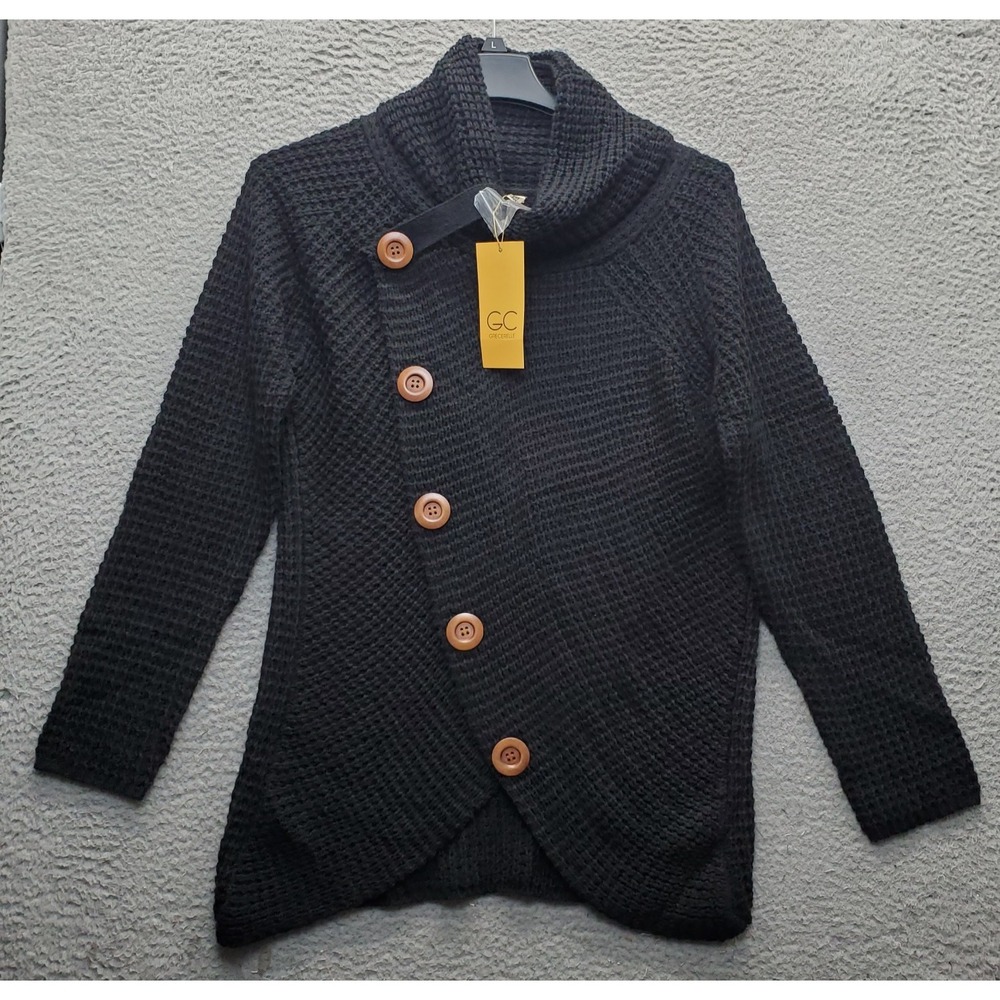 Grecerelle Cardigan Sweater Womens M Black Waffle Knit Asymmetric Button Front
